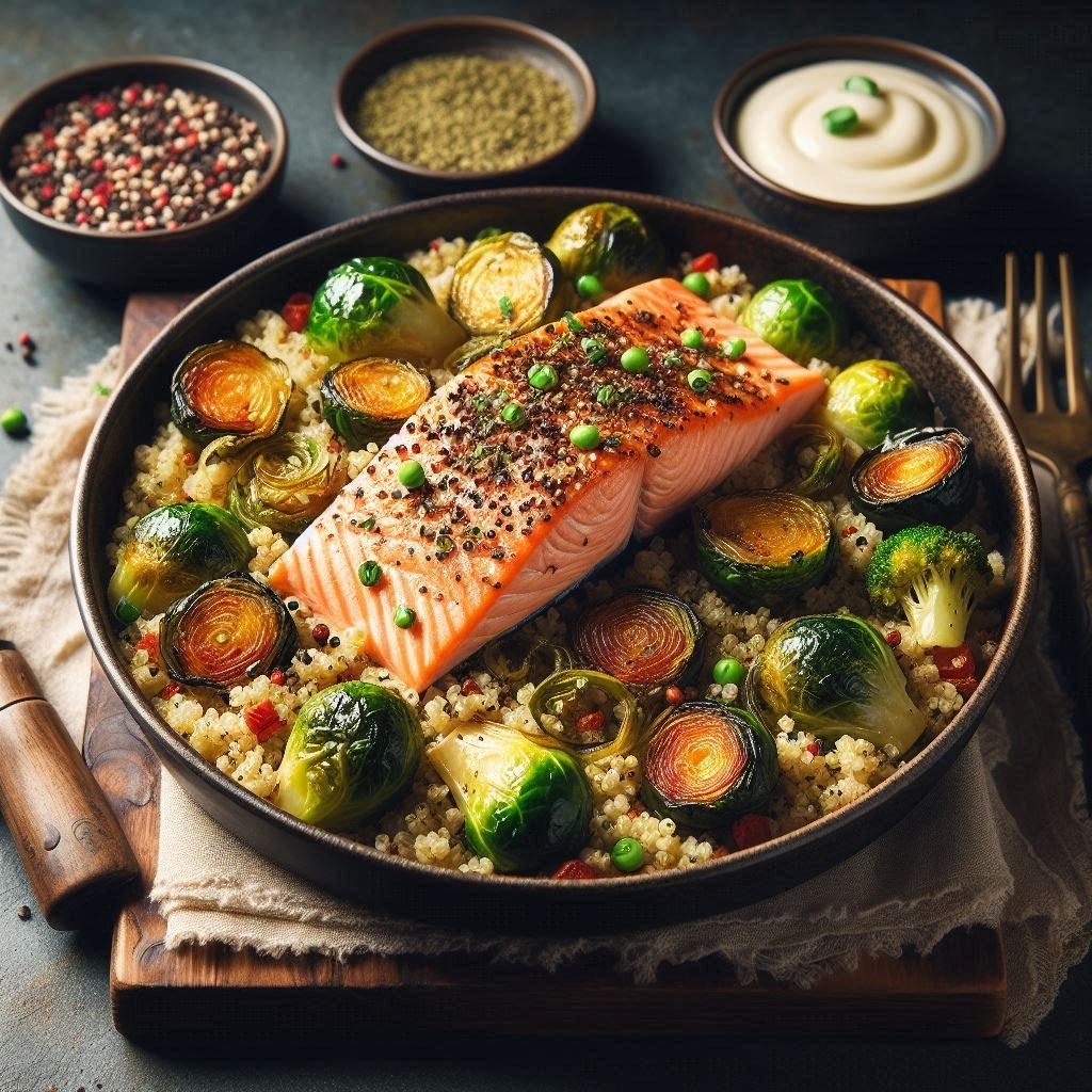 Baked Salmon with Quinoa and Roasted Brussels Sprouts Recipe